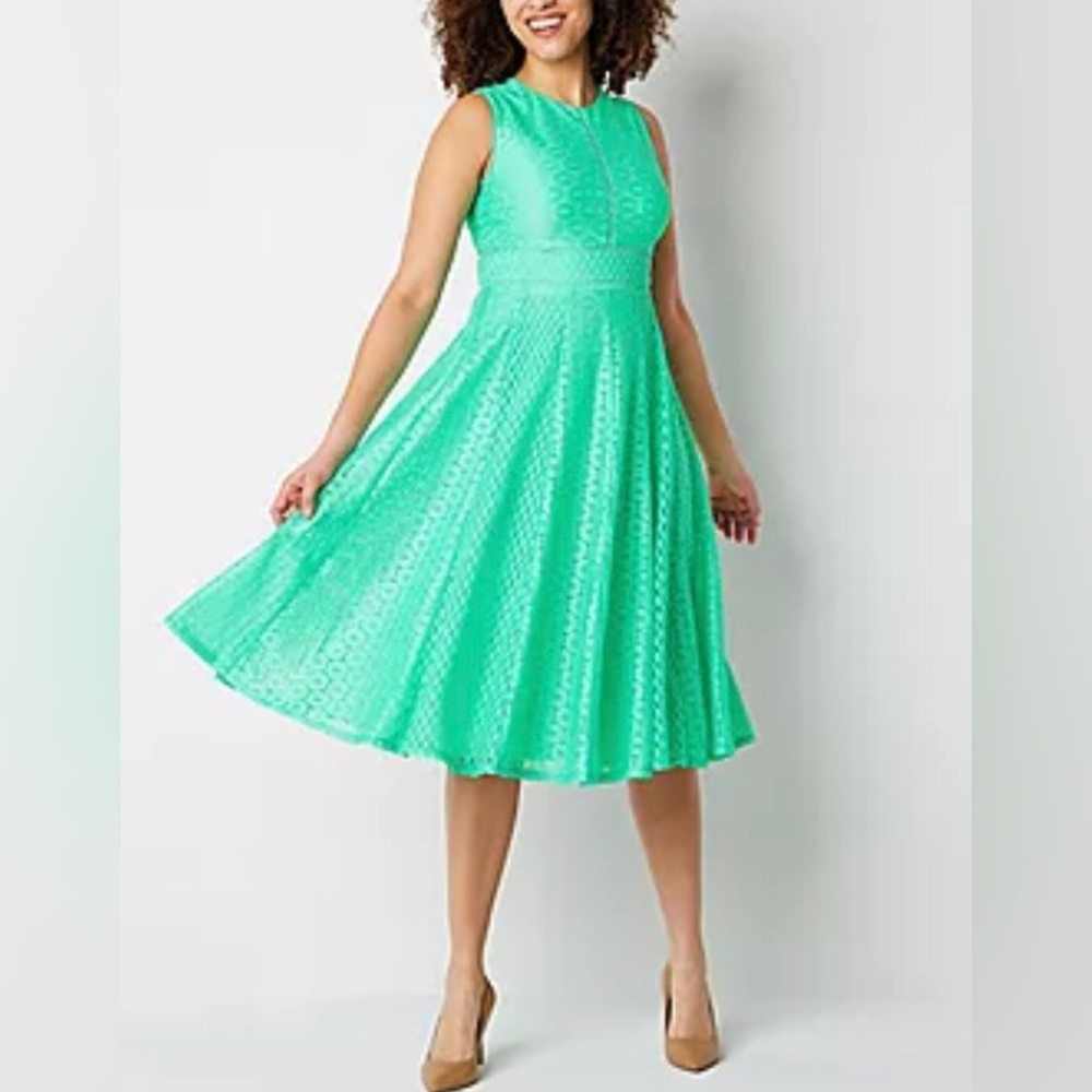 Danny & Nicole Women's 14P Dress Green Floral Mixed Lace Sleeveless Midi